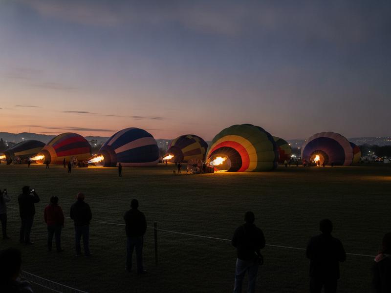 Hot air balloon crews preparing colorful balloons before sunrise at FIG León