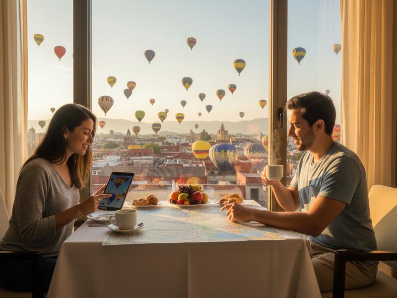 Couple planning a three-day Festival del Globo León itinerary over breakfast