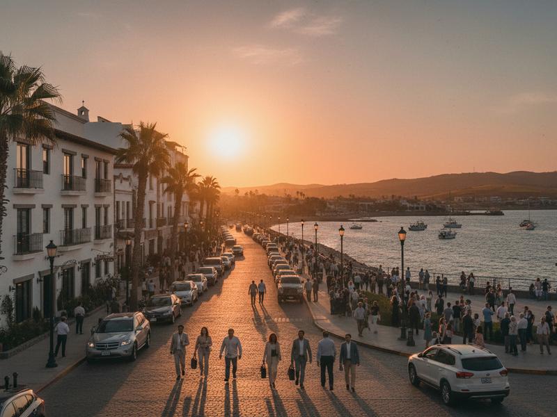 Ensenada hotel street and waterfront at sunset before a Valle de Guadalupe wine event