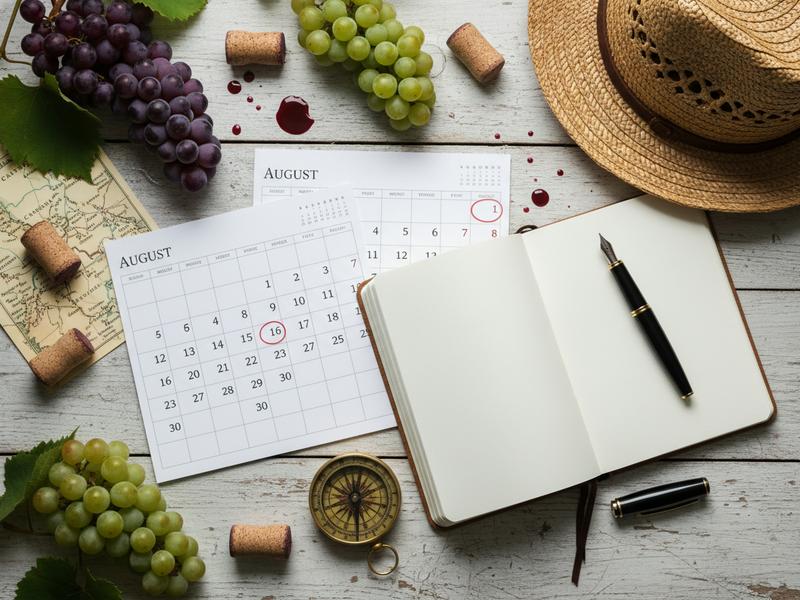 August calendar with Baja wine harvest dates and tasting notes for Ensenada vendimia planning