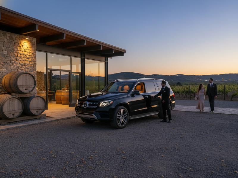 Private driver vehicle waiting outside a Valle de Guadalupe winery after sunset