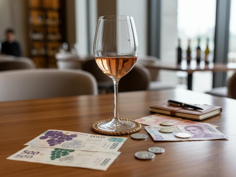 Vendimia event tickets beside a Baja wine glass and pesos on a restaurant table