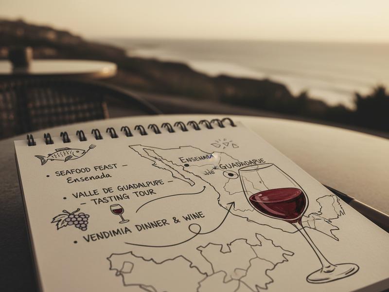 Notebook with Ensenada seafood Valle de Guadalupe tasting and vendimia dinner plans