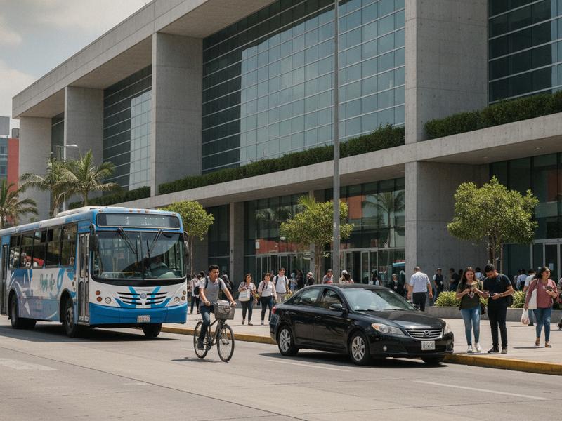 Bus rideshare bicycle and walking options outside Expo Guadalajara on Avenida Mariano Otero
