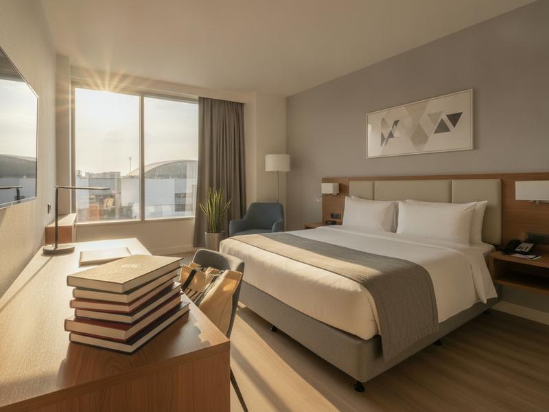 Modern hotel room near Expo Guadalajara with books and a fair tote on the desk