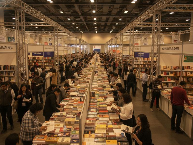 Wide aisles of publisher stands and readers inside Expo Guadalajara during the book fair