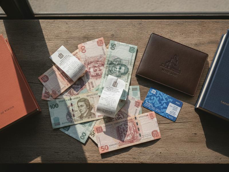 Peso notes book receipts transit card and hotel bill for a FIL Guadalajara trip