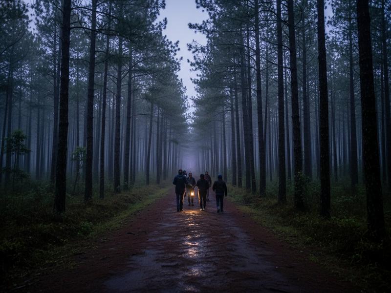 Small group walking along a dark forest trail in Nanacamilpa