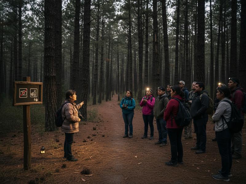 Visitors gathered for a low-light firefly sanctuary briefing in Tlaxcala