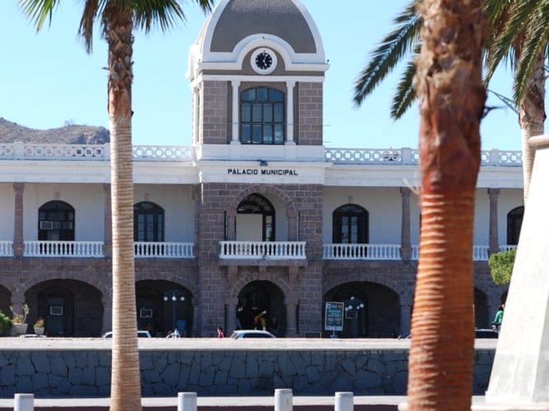 Historic Guaymas streets and church area during a March morning stop