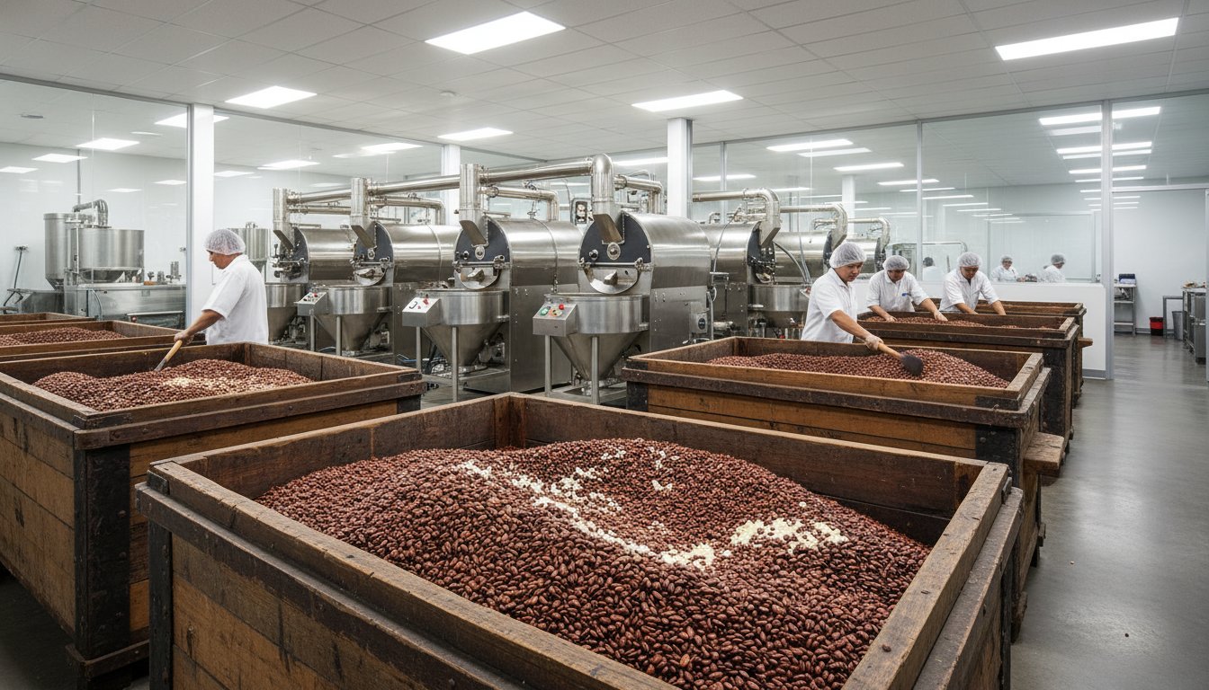 Chocolate tempering and molding machines inside a factory production room