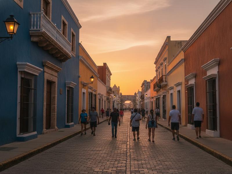 Colorful street inside Campeche's walled historic center at sunset