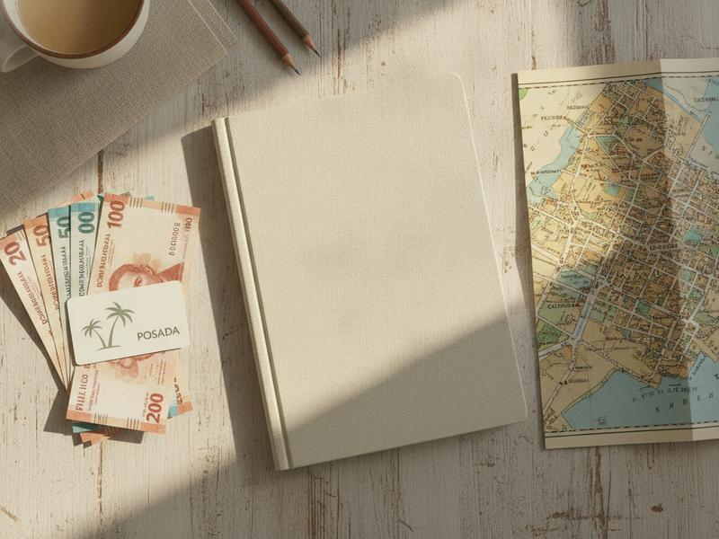 Notebook, peso notes, hotel key, and Mérida map prepared for a Hanal Pixán trip