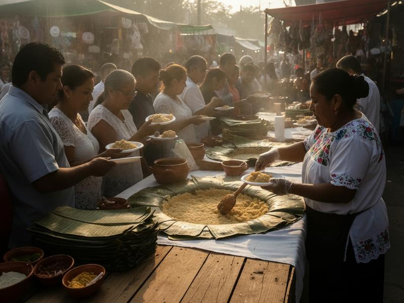 Cook serving mucbipollo at a seasonal fair in Mérida