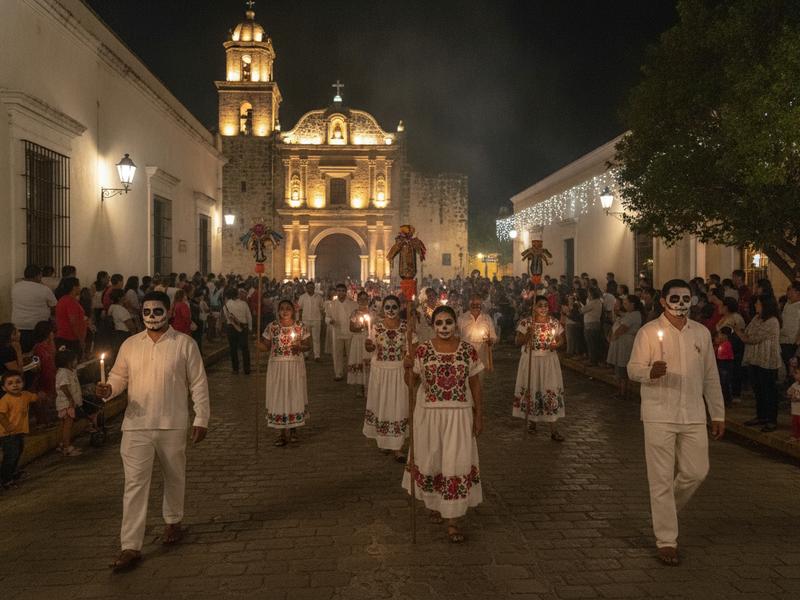 Paseo de las Ánimas passing La Ermita in Mérida at night