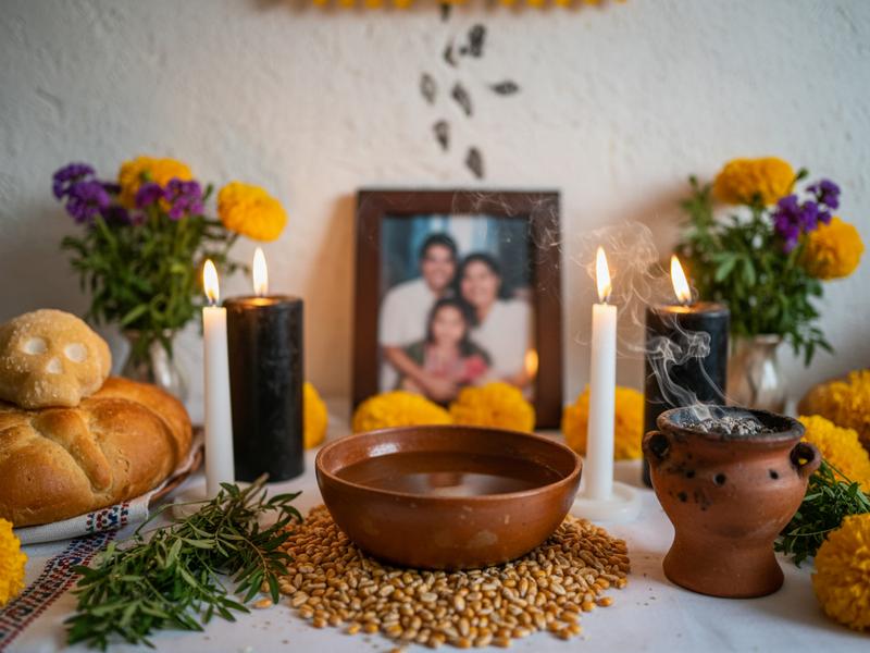 Close view of water, candles, maize, bread, flowers, and a family photograph on a Hanal Pixán altar