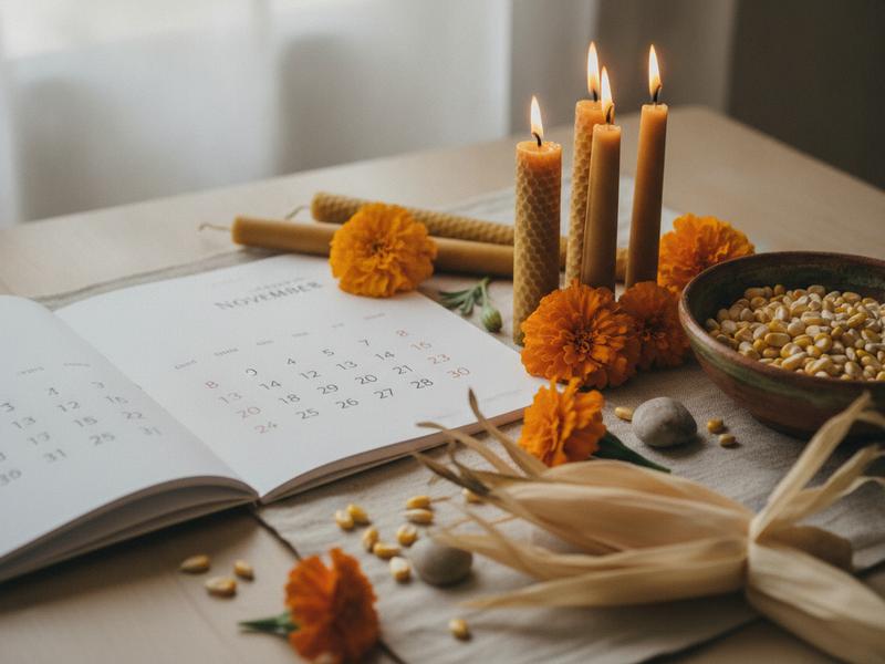 Candles and marigolds beside an October and November calendar for Hanal Pixán 2026