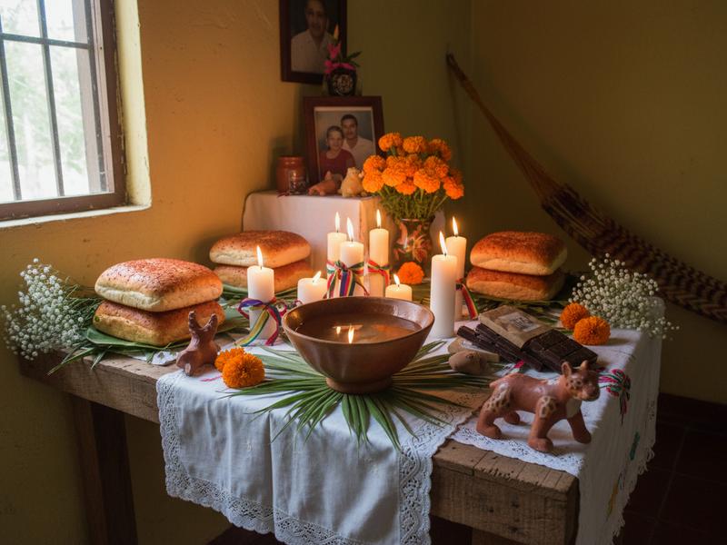 Family Hanal Pixán altar with candles, embroidered cloth, food, and photographs in Yucatán