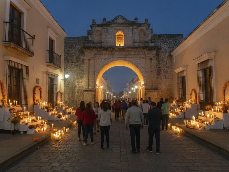 Travelers walking near the Arco de San Juan during Hanal Pixán events in Mérida