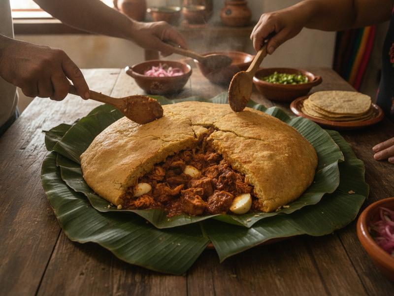 Freshly opened mucbipollo with corn masa, seasoned meat, tomato, and banana leaf in Yucatán
