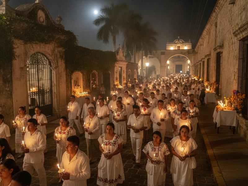 Paseo de las Ánimas procession moving through a historic street in Mérida at night