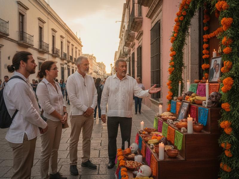 Visitor speaking respectfully with a local guide beside a public Hanal Pixán display in Mérida