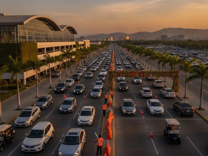 Cars approaching Expo Guadalajara parking during a major cultural event