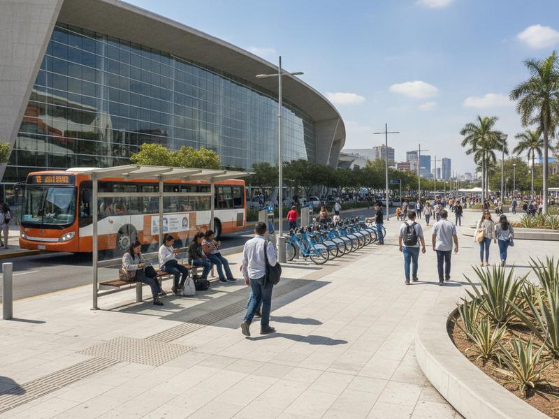 Local bus stop and MiBici bicycles at the Expo Guadalajara plaza