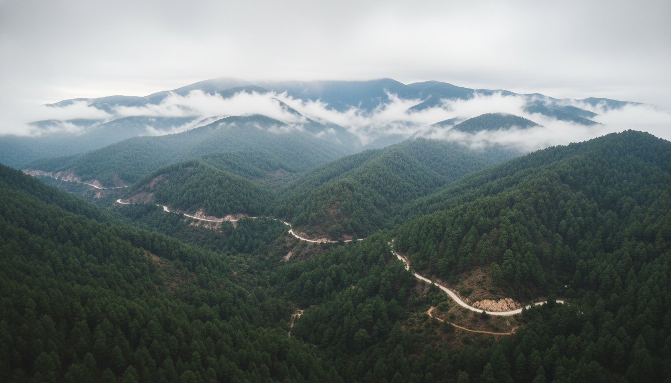 Sierra Norte misty pine forest landscape