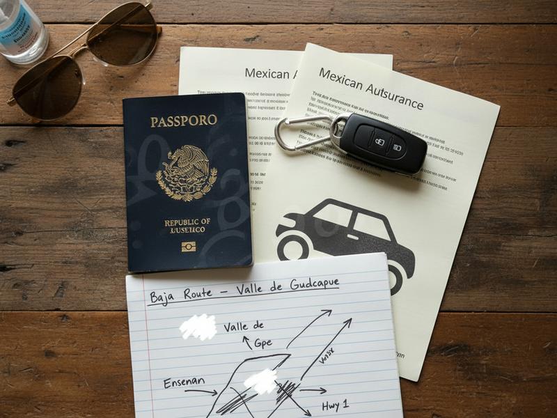 Passport car keys and Baja route notes prepared before crossing to Valle de Guadalupe
