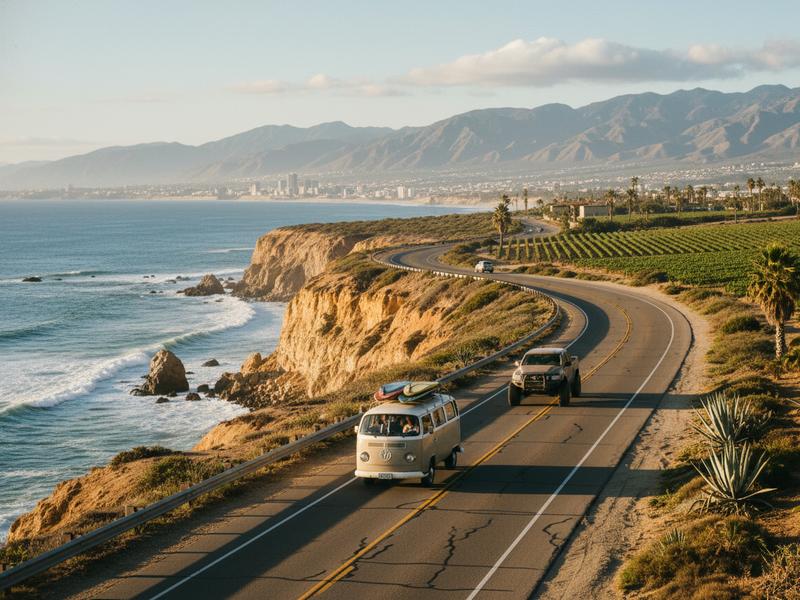Coastal highway route from San Diego and Tijuana toward Ensenada and Valle de Guadalupe