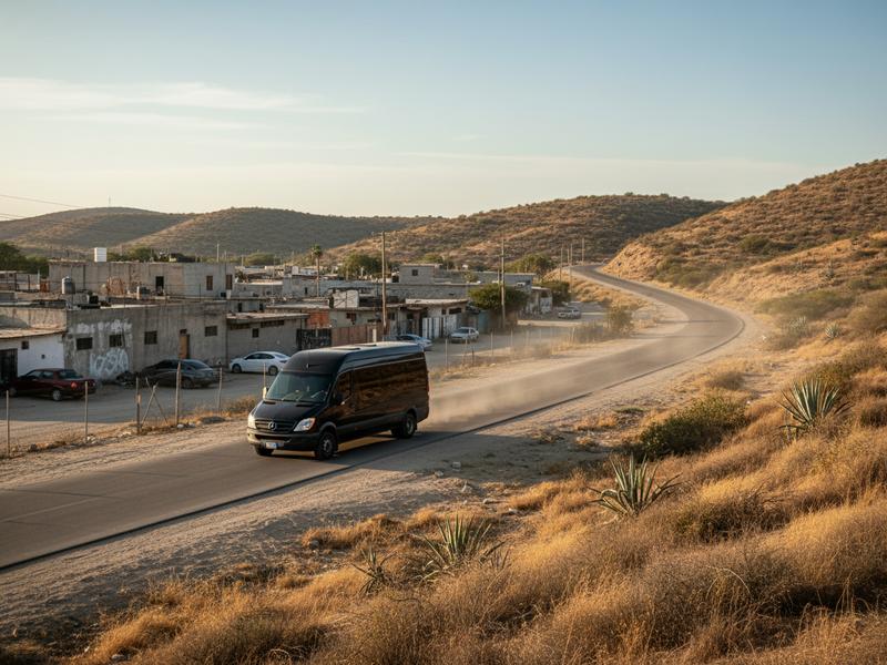 Private transfer van leaving Tijuana for Valle de Guadalupe wine country