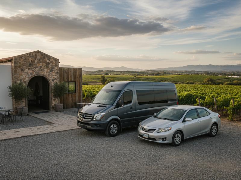Wine tour van and rental car parked near a Valle de Guadalupe vineyard tasting room