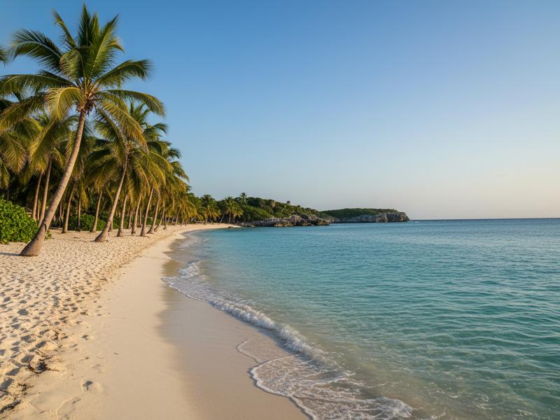 Calm Huatulco bay with turquoise water, anchored boats, and forested hills around the shore