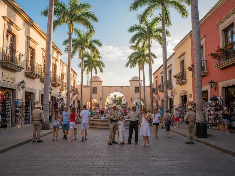 Mexican tourist police officer speaking with travelers on a city street