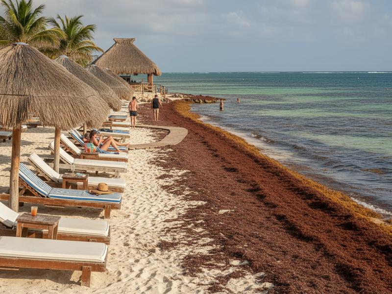 Beach club chairs and umbrellas on Isla Mujeres with blue water