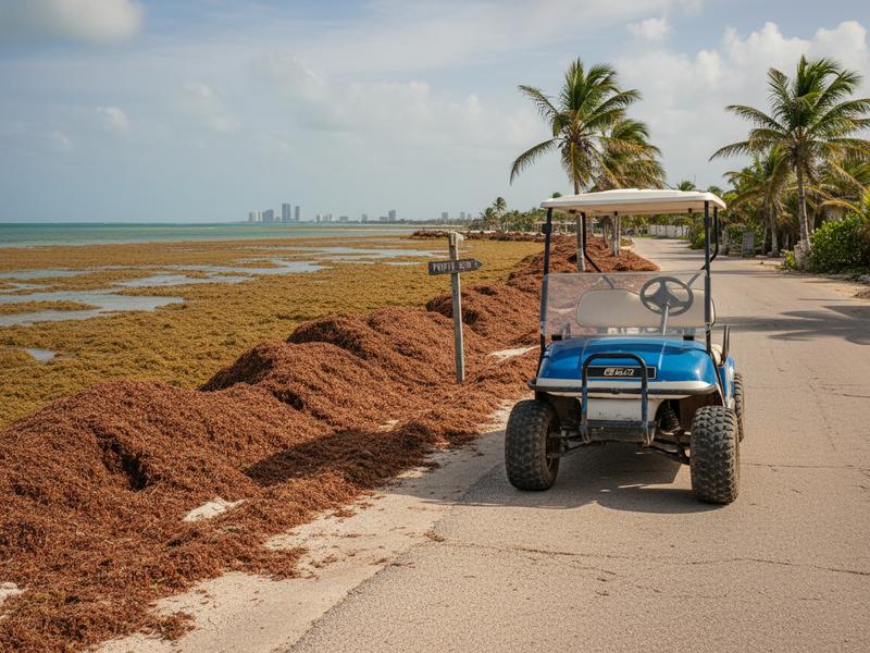 Golf cart parked on a coastal road on Isla Mujeres in summer