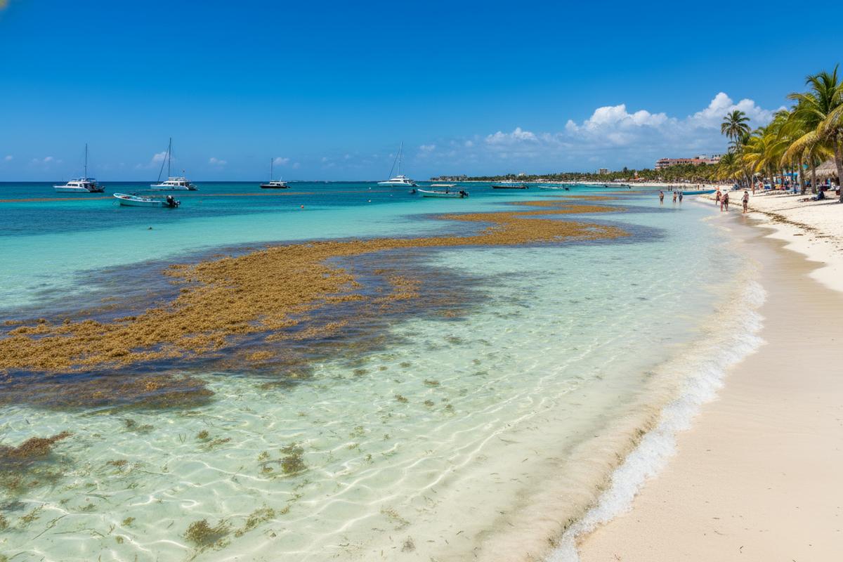 Clear shallow water at Playa Norte on Isla Mujeres with boats offshore