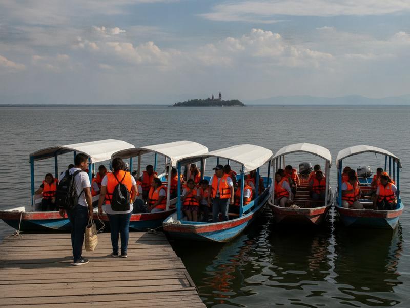 Authorized passenger boats lined up at a Pátzcuaro pier for Janitzio