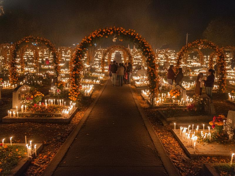 Candlelit graves and floral arches at Janitzio cemetery viewed respectfully from a path
