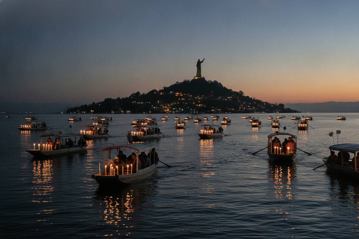 Candlelit boats approaching Janitzio island during Day of the Dead