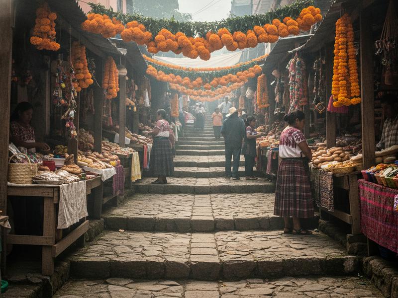 Narrow stepped market lane climbing through Janitzio island in Michoacán