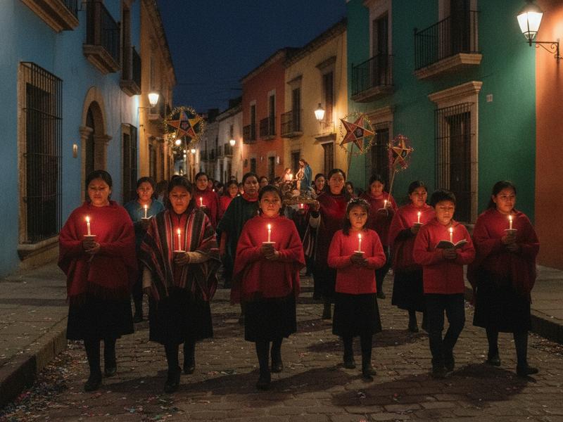 Children and adults walking with candles during a posada in a colonial street