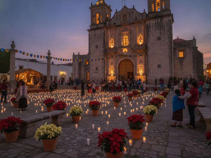 Church plaza prepared for a public Las Posadas gathering in Mexico