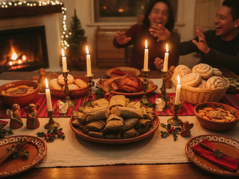 Mexican family-style table with tamales, candles, and Christmas decorations