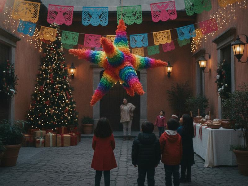 Traditional seven-point star piñata hanging at a Mexican Christmas posada