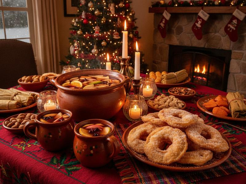 Hot ponche and buñuelos served at a Mexican posada