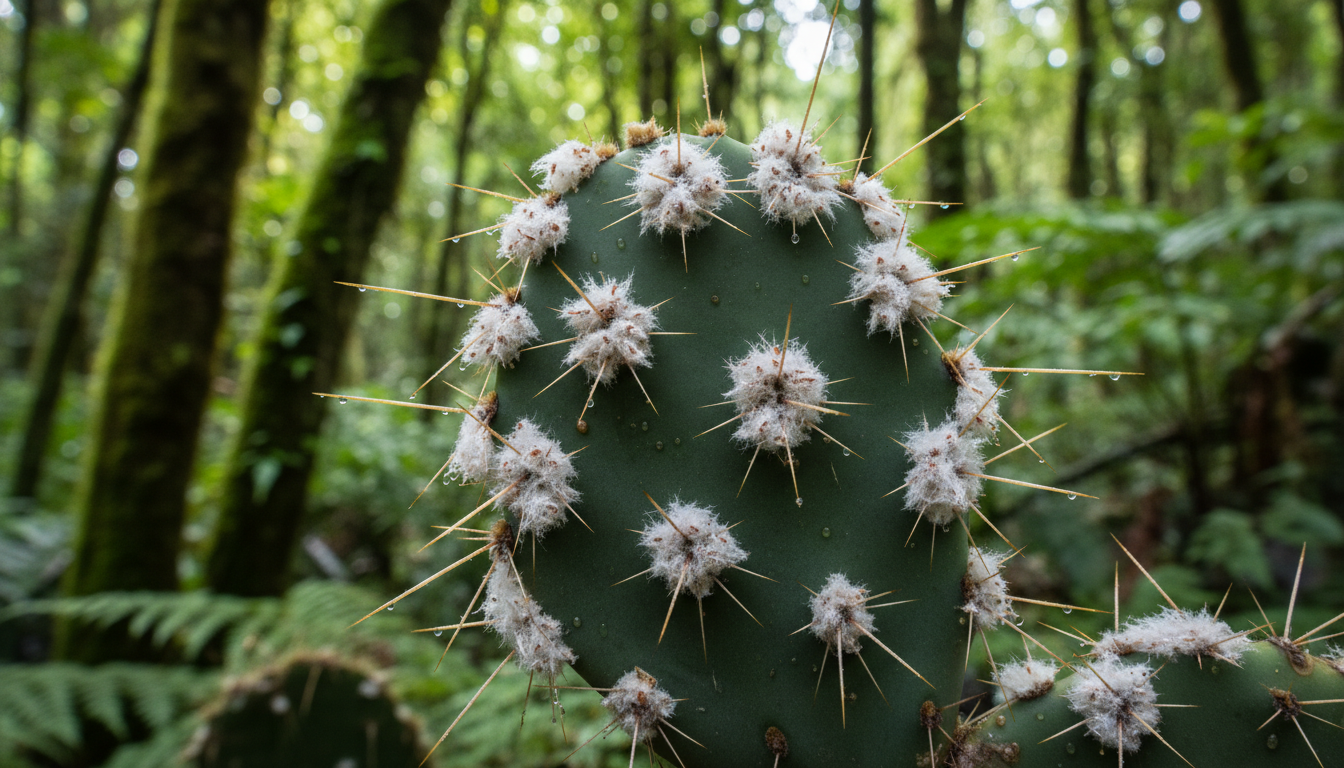 Macro view of cochineal insects on a cactus leaf in Oaxaca