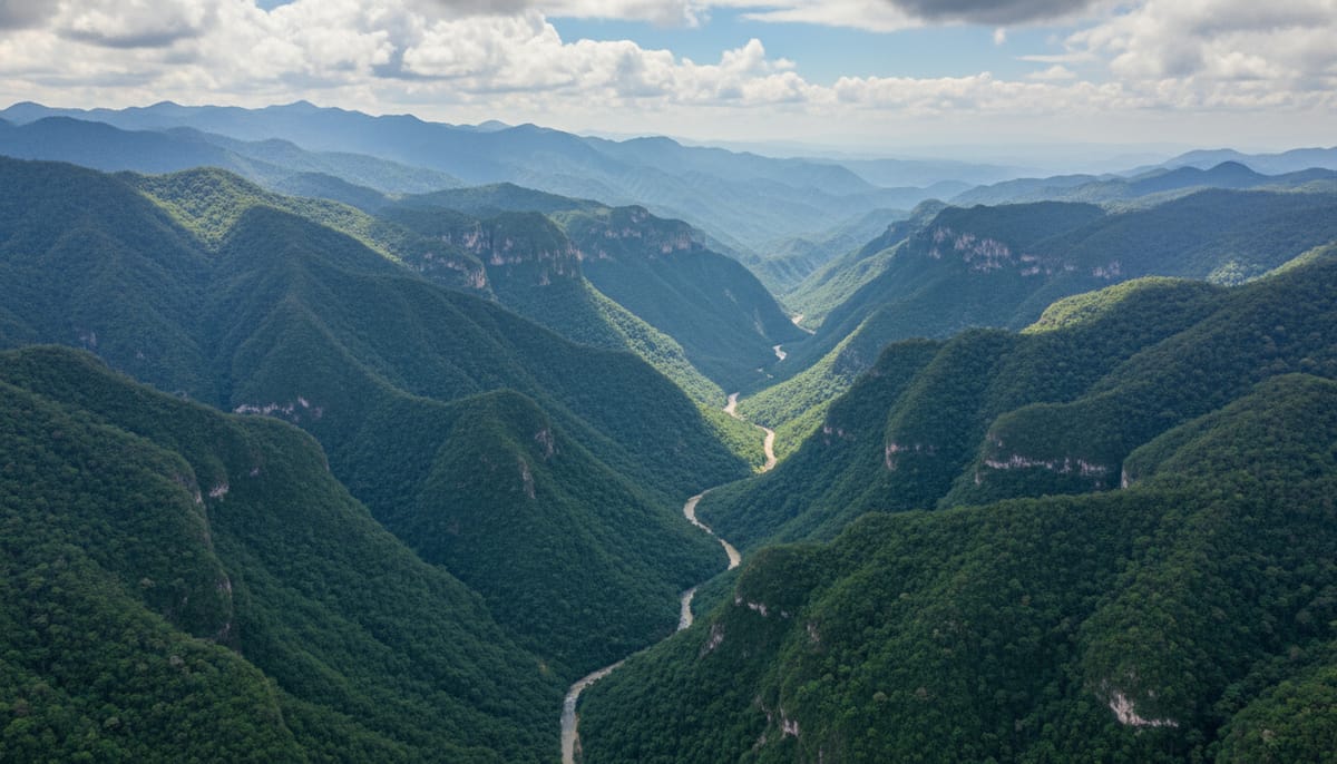 Landscape view of the deep canyon descent between Latuvi and Lachatao