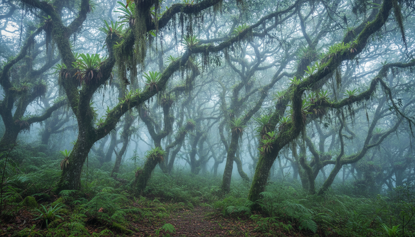 Oak trees covered in Spanish moss in the Goblin Forest section of the trail